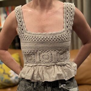 Vintage Crochet Boho Top | Linen Blend | Made in India Size S